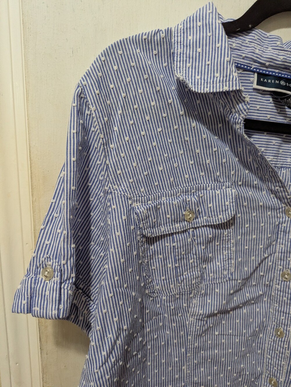 Karen Scott XL Blue Striped Short-Sleeve Button-Up Shirt - Picture 2 of 8